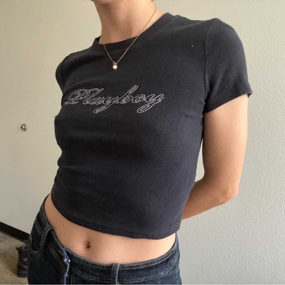 Bedazzled playboy black baby tee